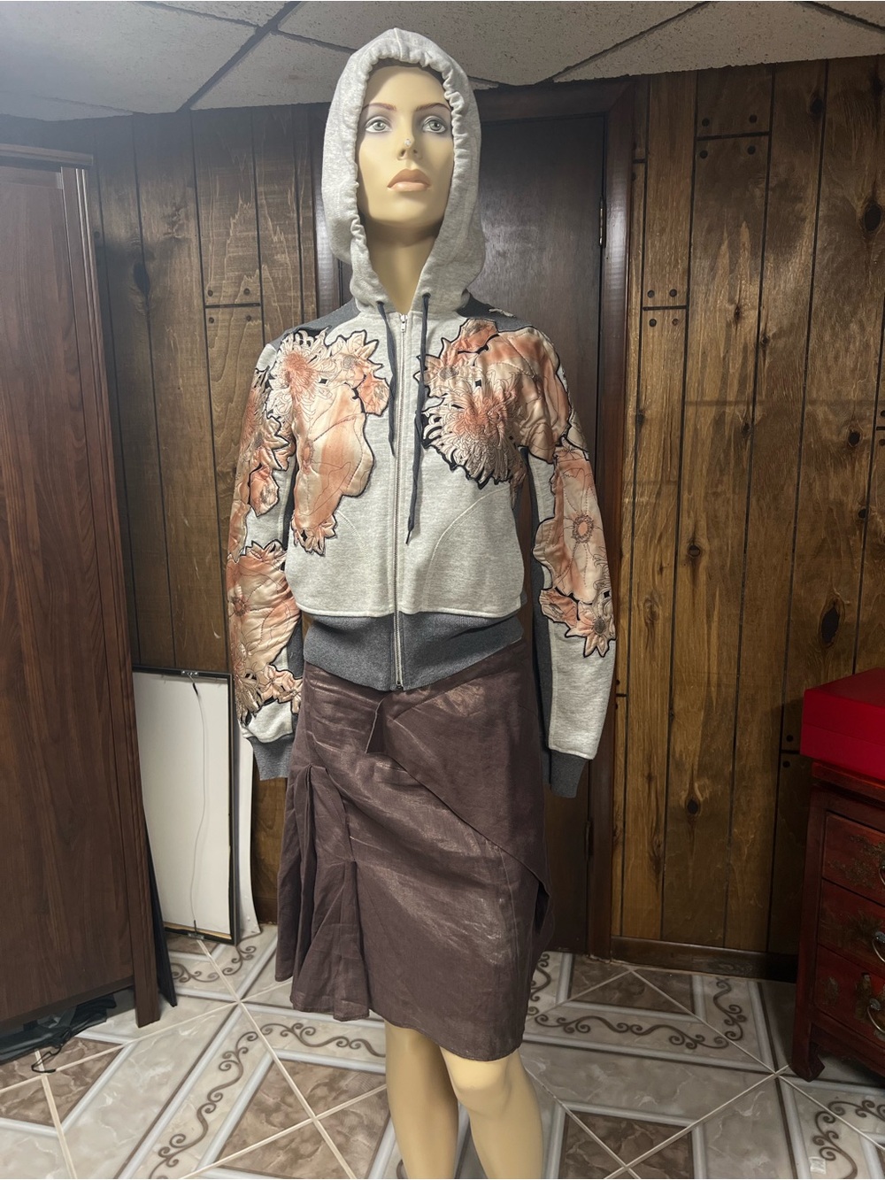 Chloe Gray Hoodie with Peach Floral Appliqué